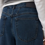 CLOSED Jazzie barrel jeans in dark blue, back view detail of the rear pockets and waistband