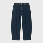 CLOSED Jazzie barrel jeans in dark blue, flat lay front view showing the curved barrel leg