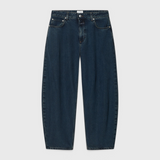 CLOSED Jazzie barrel jeans in dark blue, flat lay front view showing the curved barrel leg