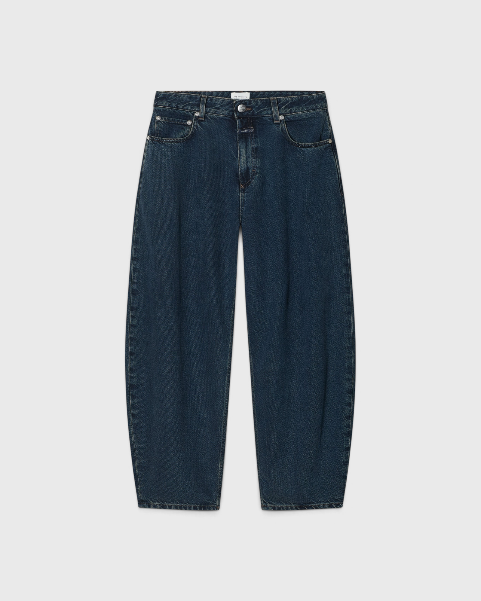 CLOSED Jazzie barrel jeans in dark blue, flat lay front view showing the curved barrel leg