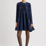 Merlette Soliman Embellished Dress in Navy - full-length front view of the tiered cotton voile mini