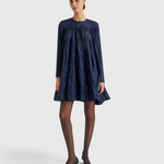 Merlette Soliman Embellished Dress in Navy - full-length front view of the tiered cotton voile mini