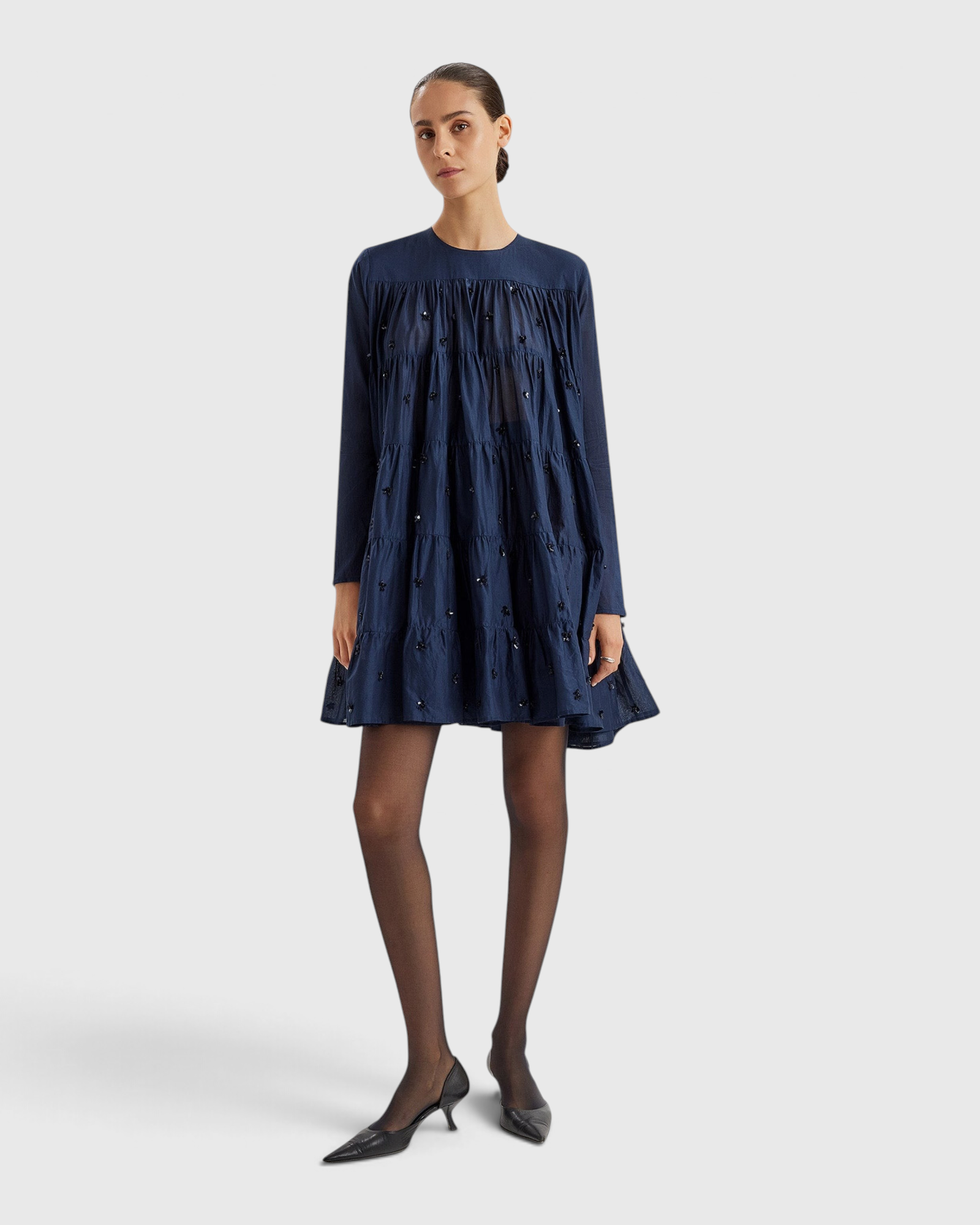 Merlette Soliman Embellished Dress in Navy - full-length front view of the tiered cotton voile mini