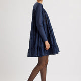 Merlette Soliman Embellished Dress in Navy - side view showing the volume through the tiers