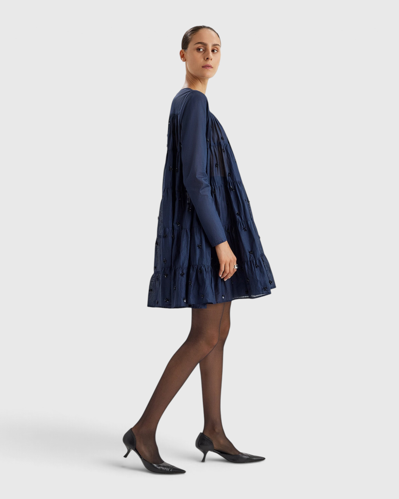 Merlette Soliman Embellished Dress in Navy - side view showing the volume through the tiers