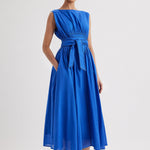 Merlette Verena Dress in Ultramarine — full-length front view worn with the waist ties knotted at the front