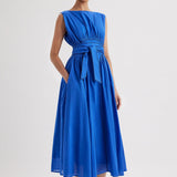 Merlette Verena Dress in Ultramarine — full-length front view worn with the waist ties knotted at the front