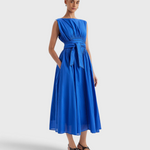 Merlette Verena Dress in Ultramarine — full-length front view worn with the waist ties knotted at the front