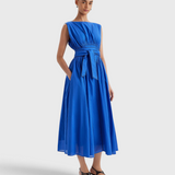 Merlette Verena Dress in Ultramarine — full-length front view worn with the waist ties knotted at the front