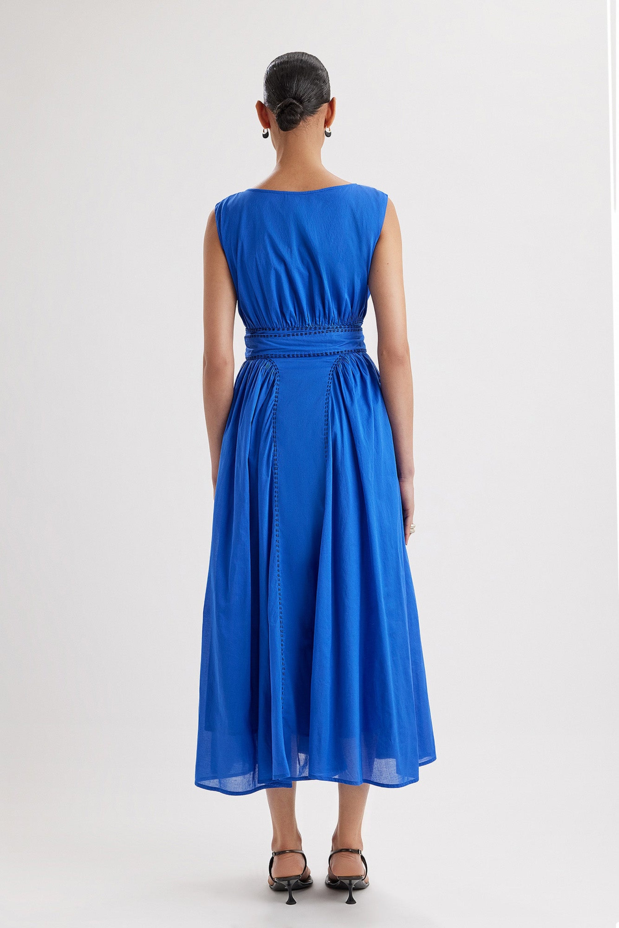 Merlette Verena Dress in Ultramarine - front view showing the fitted waist panel and ankle-length skirt