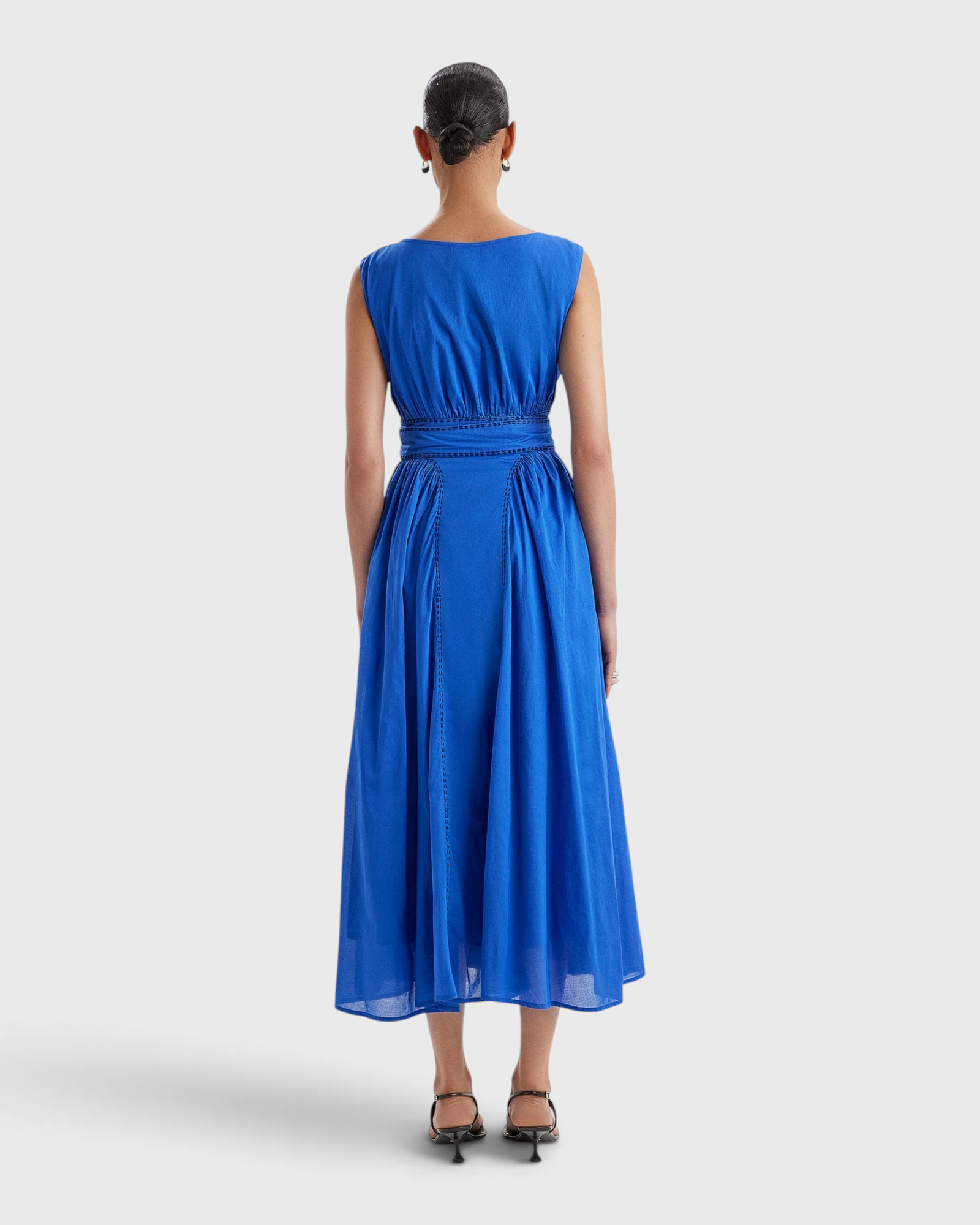 Merlette Verena Dress in Ultramarine - front view showing the fitted waist panel and ankle-length skirt