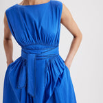 Merlette Verena Dress in Ultramarine — close detail of the waist panel, ties and side pocket