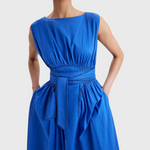 Merlette Verena Dress in Ultramarine — close detail of the waist panel, ties and side pocket