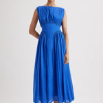 Merlette Verena Dress in Ultramarine — full-length front view with the ties fastened at the back, showing the fitted waist panel