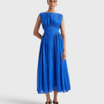 Merlette Verena Dress in Ultramarine — full-length front view with the ties fastened at the back, showing the fitted waist panel