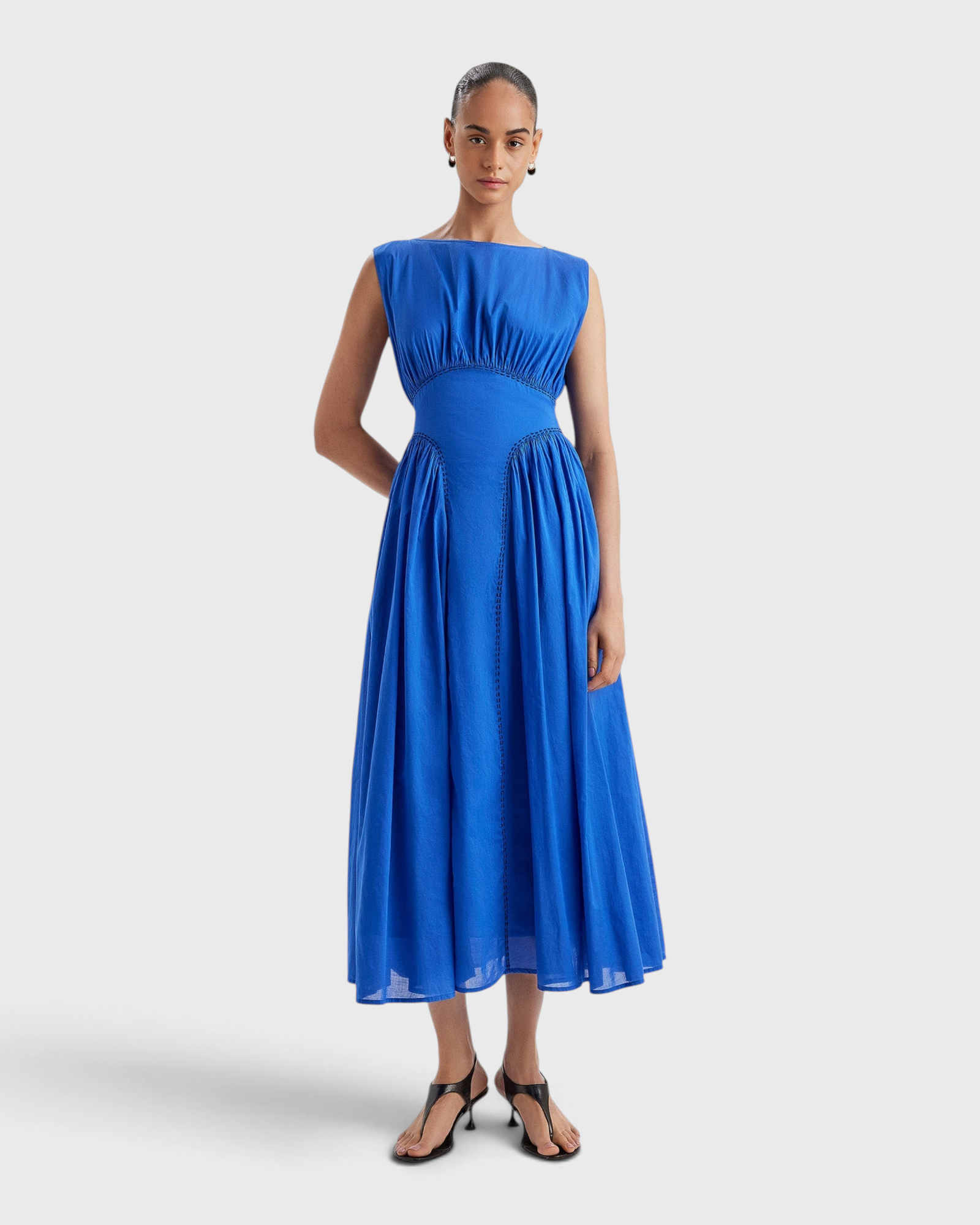 Merlette Verena Dress in Ultramarine — full-length front view with the ties fastened at the back, showing the fitted waist panel