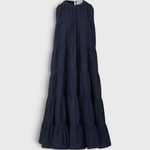Merlette Caron Dress in Navy — flat product shot of the sleeveless tiered cotton poplin maxi with a gathered round neck and ruffled hem