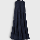 Merlette Caron Dress in Navy — flat product shot of the sleeveless tiered cotton poplin maxi with a gathered round neck and ruffled hem