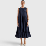 Merlette Caron Dress in Navy - front view of the sleeveless ankle-length cotton poplin dress