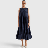 Merlette Caron Dress in Navy - front view of the sleeveless ankle-length cotton poplin dress