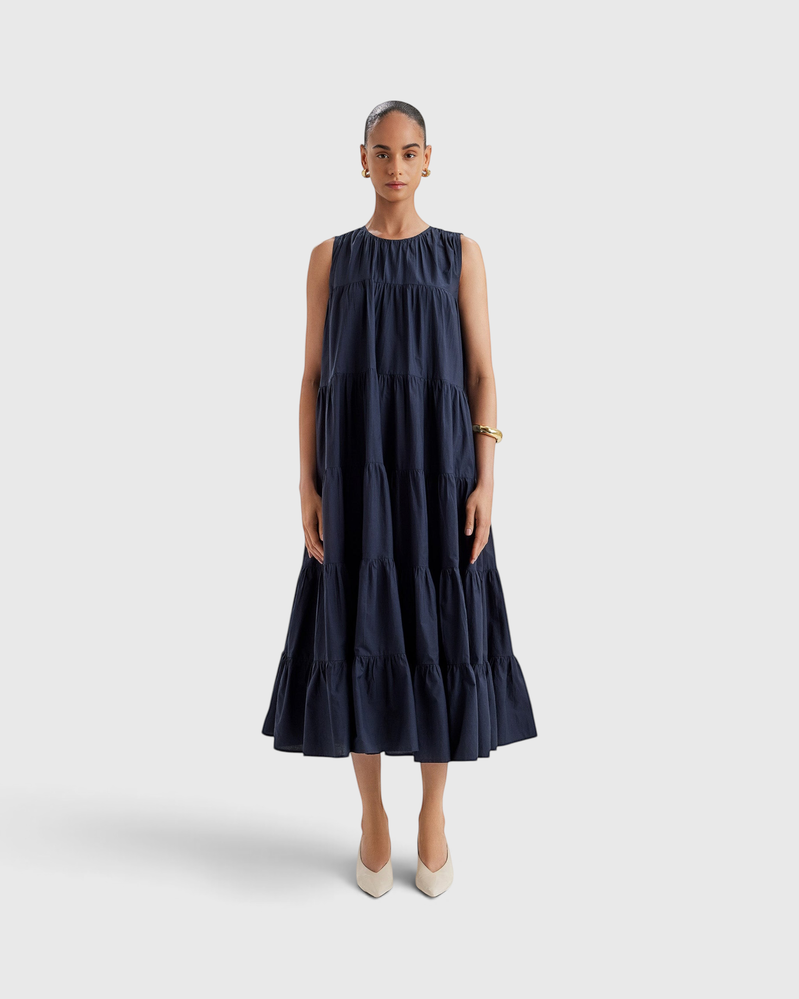 Merlette Caron Dress in Navy - front view of the sleeveless ankle-length cotton poplin dress