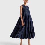 Merlette Caron Dress in Navy - full-length front view showing the voluminous ruched tiers