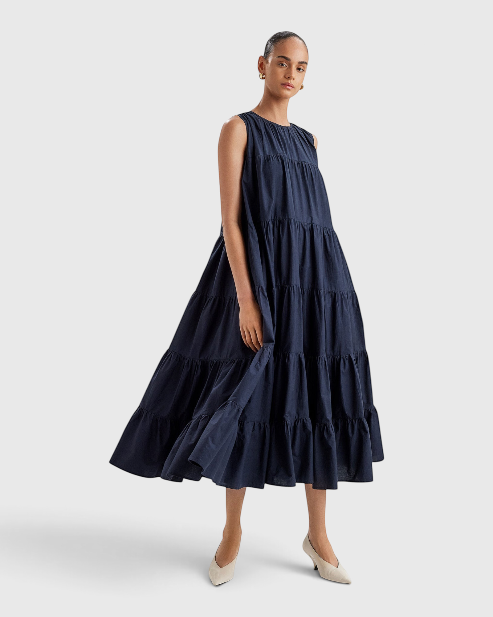 Merlette Caron Dress in Navy - full-length front view showing the voluminous ruched tiers