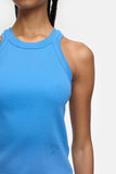 Close up view of neckline of the Racer Tank Top - Lake Blue