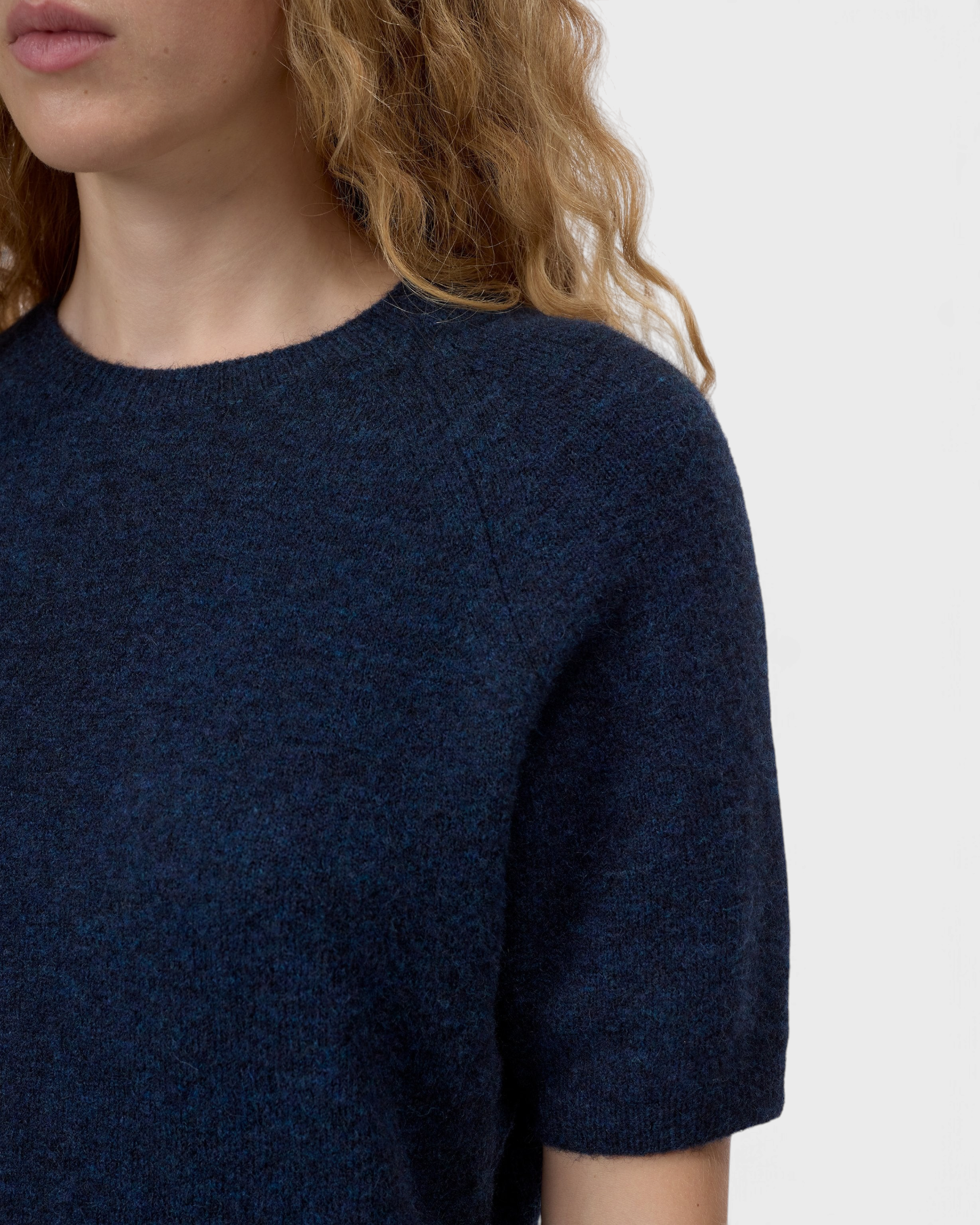 CLOSED Crew Neck Short Sleeve in Dark Night — neckline and sleeve detail