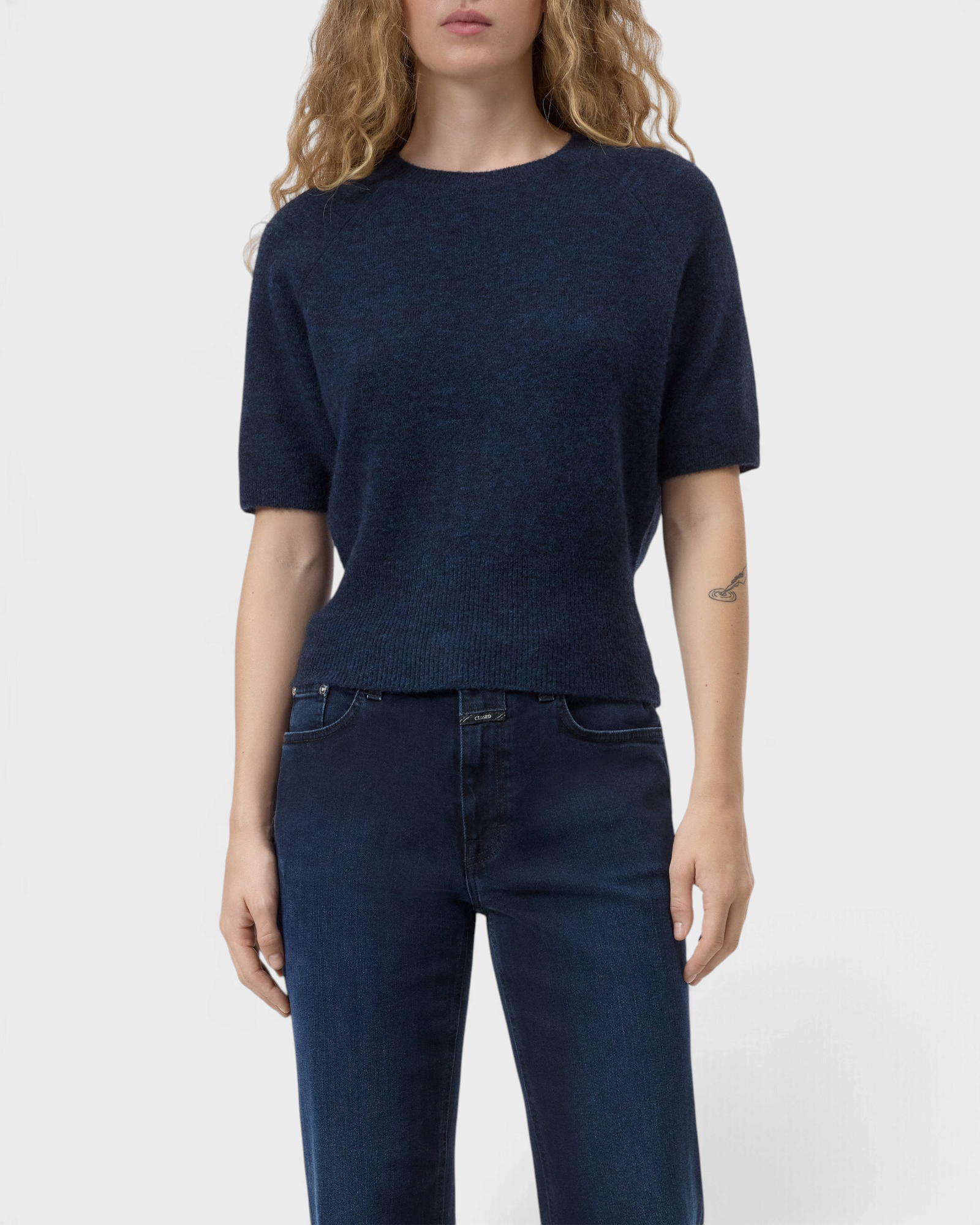 CLOSED Crew Neck Short Sleeve in Dark Night — front, on model
