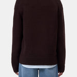 JONES + CO V Neck Long Sleeve sweater in cinder brown wool blend, back view