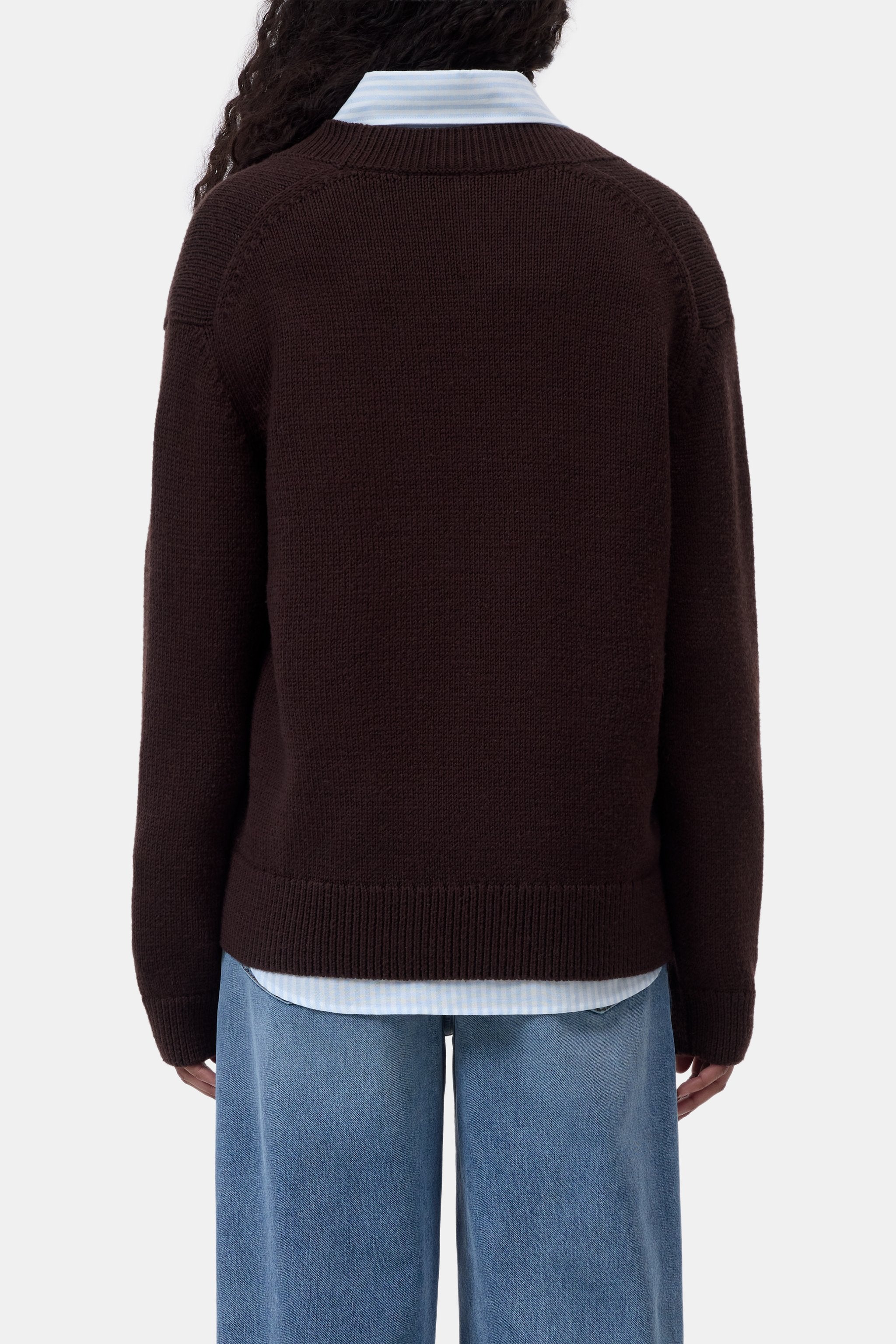 JONES + CO V Neck Long Sleeve sweater in cinder brown wool blend, back view