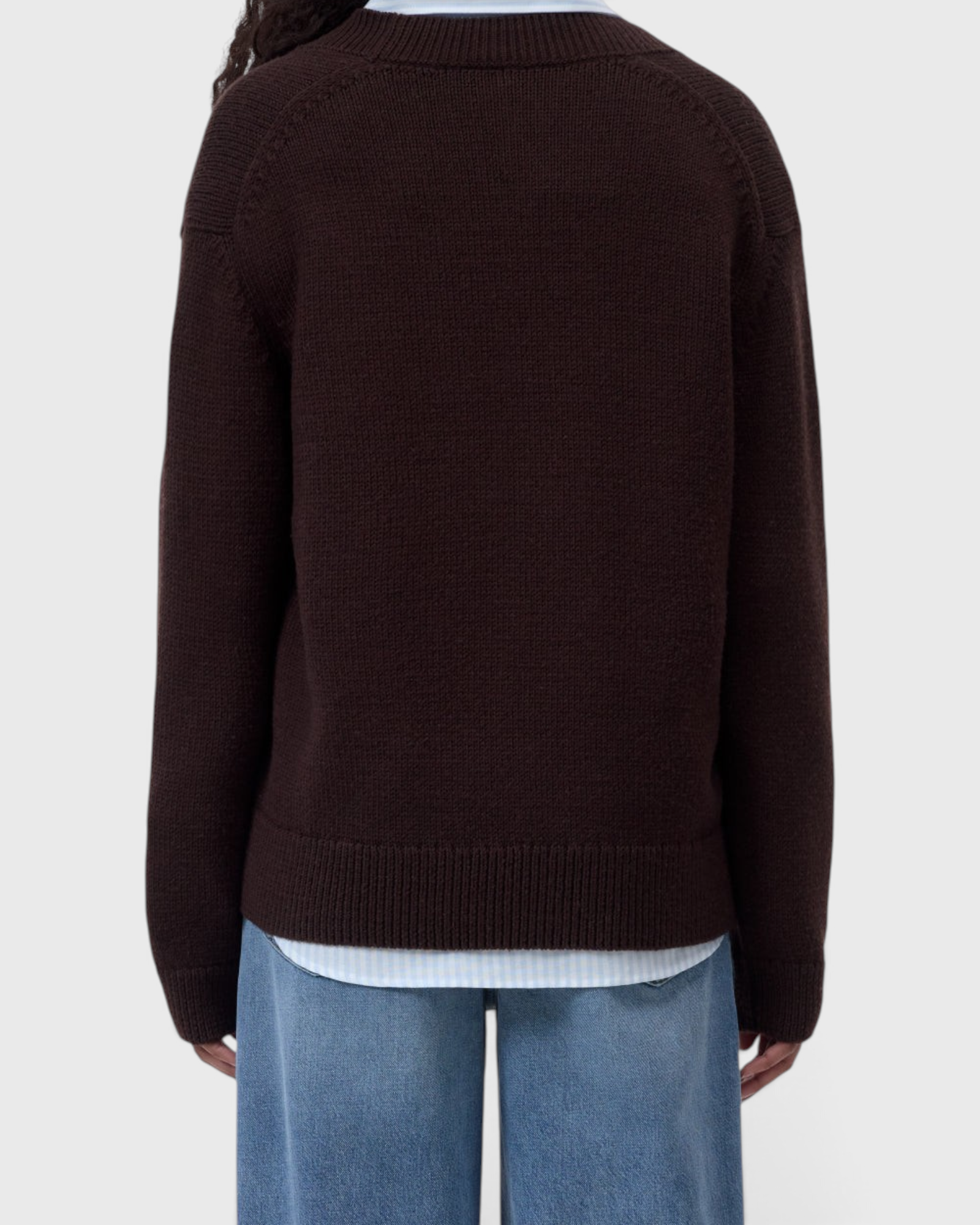 JONES + CO V Neck Long Sleeve sweater in cinder brown, product photo