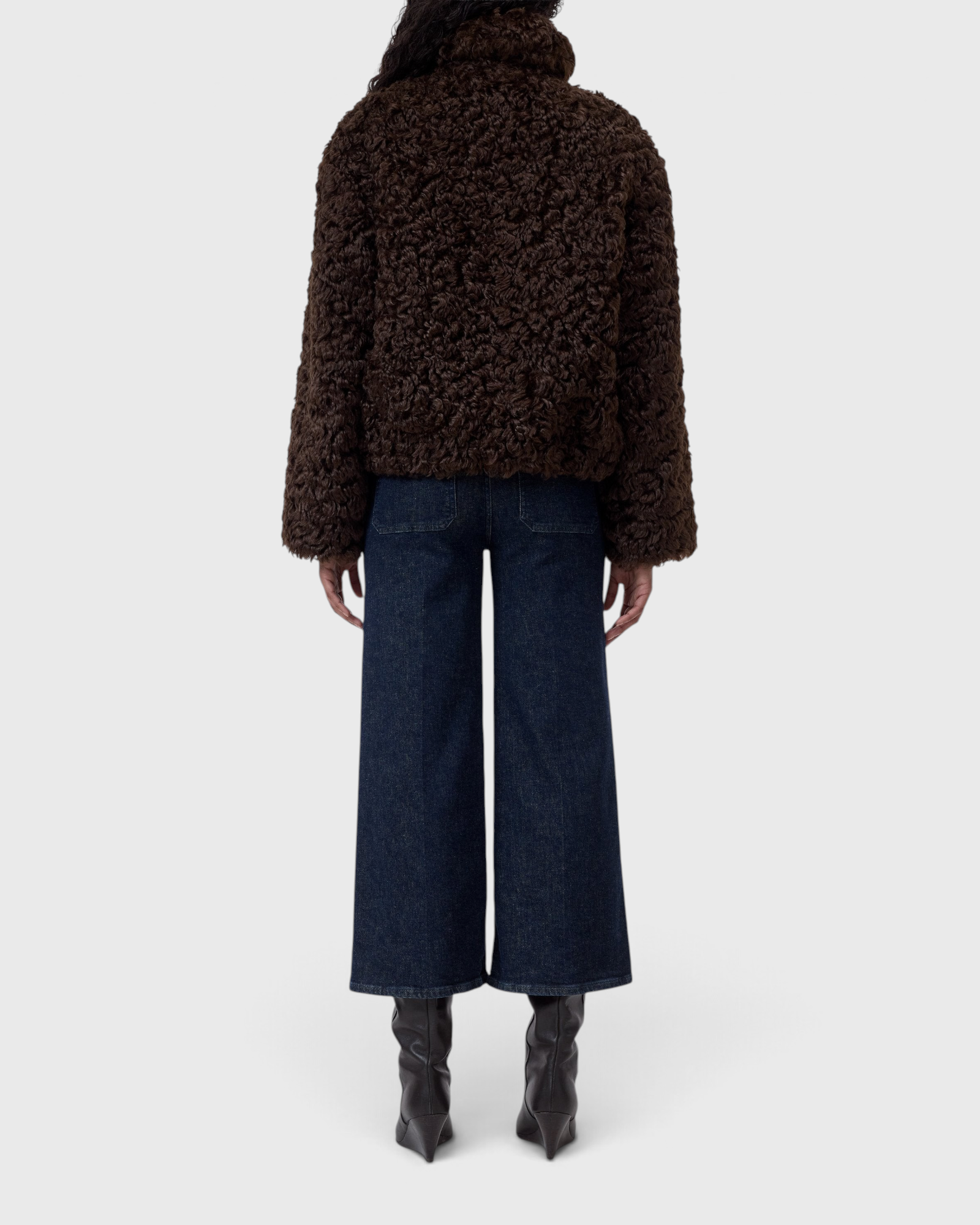CLOSED Faux Fur Jacket in Cinder Brown - full length styled with wide-leg denim