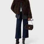 CLOSED Faux Fur Jacket in Cinder Brown - full length, worn open with denim and shoulder bag
