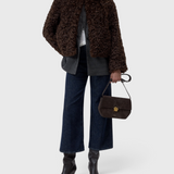CLOSED Faux Fur Jacket in Cinder Brown - full length, worn open with denim and shoulder bag