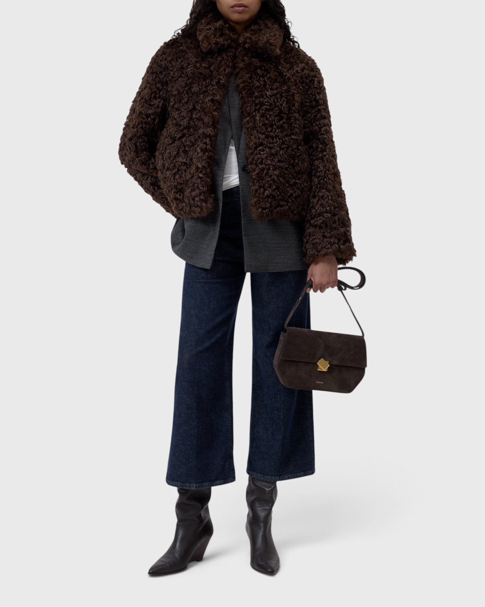 CLOSED Faux Fur Jacket in Cinder Brown - full length, worn open with denim and shoulder bag