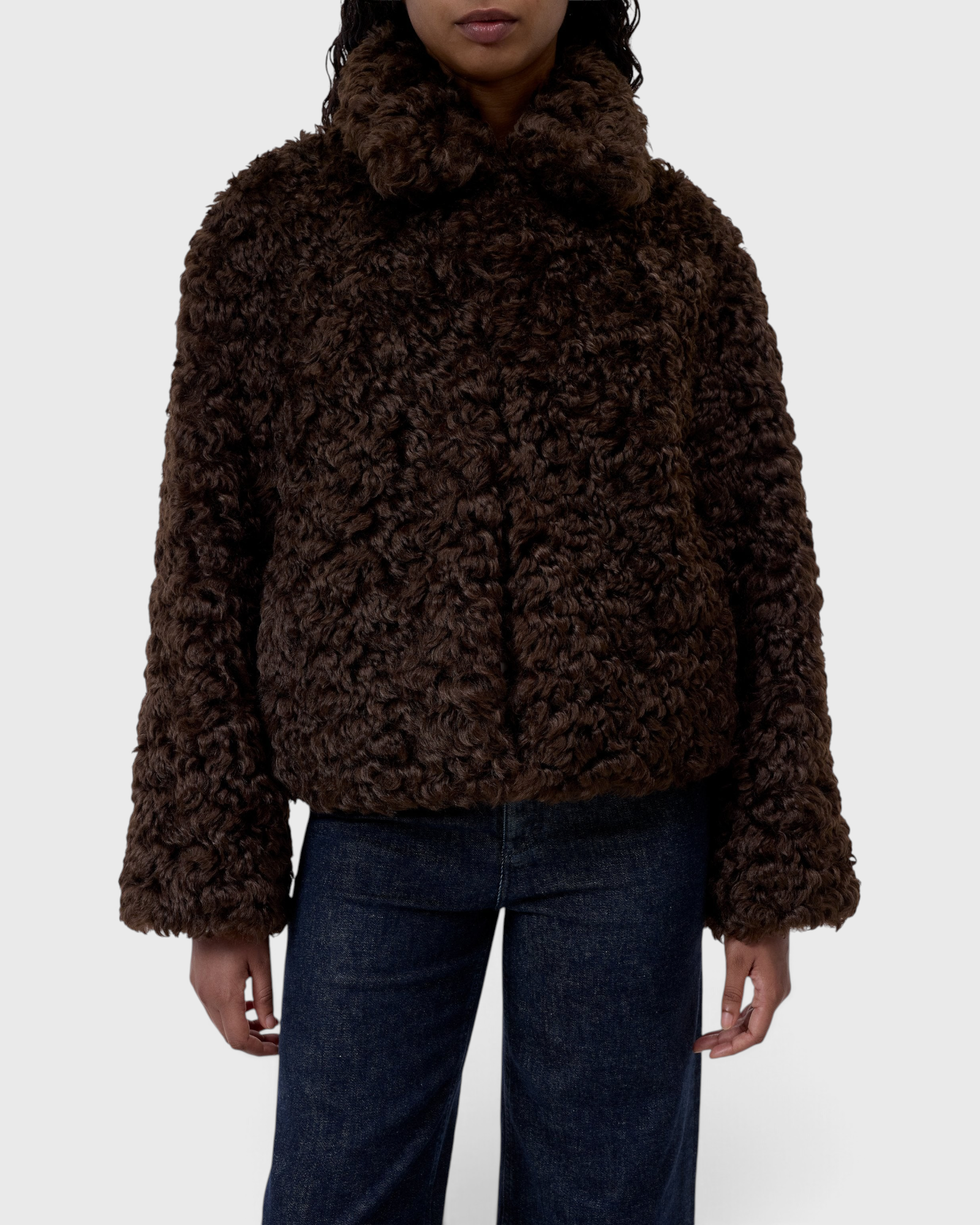 CLOSED Faux Fur Jacket in Cinder Brown - front, worn closed