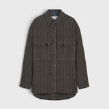 JONES + CO oversize shacket in juniper green wool-blend with a multicoloured checked pattern and buttoned pockets.
