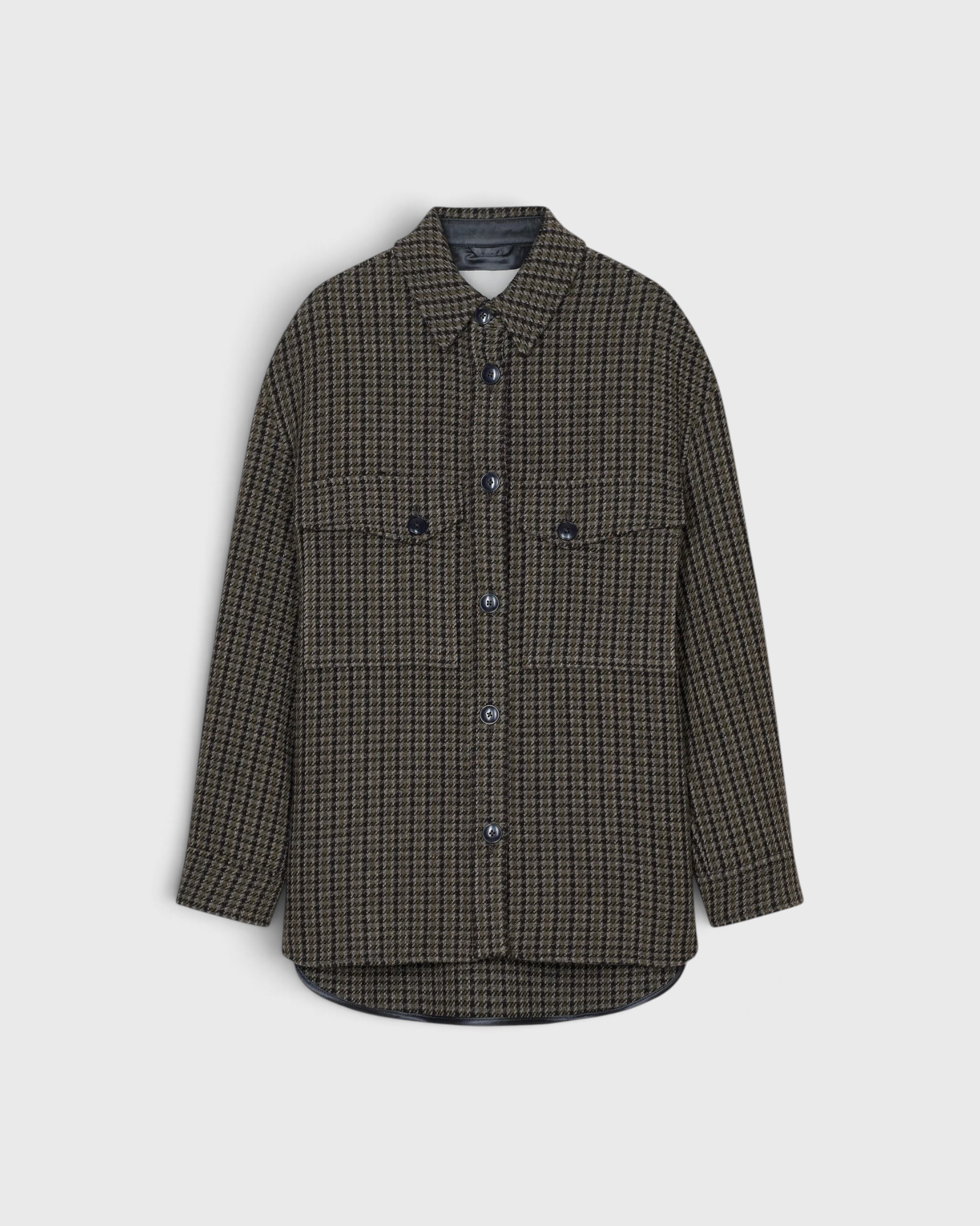 JONES + CO oversize shacket in juniper green wool-blend with a multicoloured checked pattern and buttoned pockets.