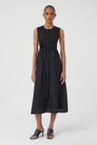 Front of dress: Waisted dress with deep back neckline and tie belt. Light falling quality with linen structure, slightly transparent look and beautiful folds.