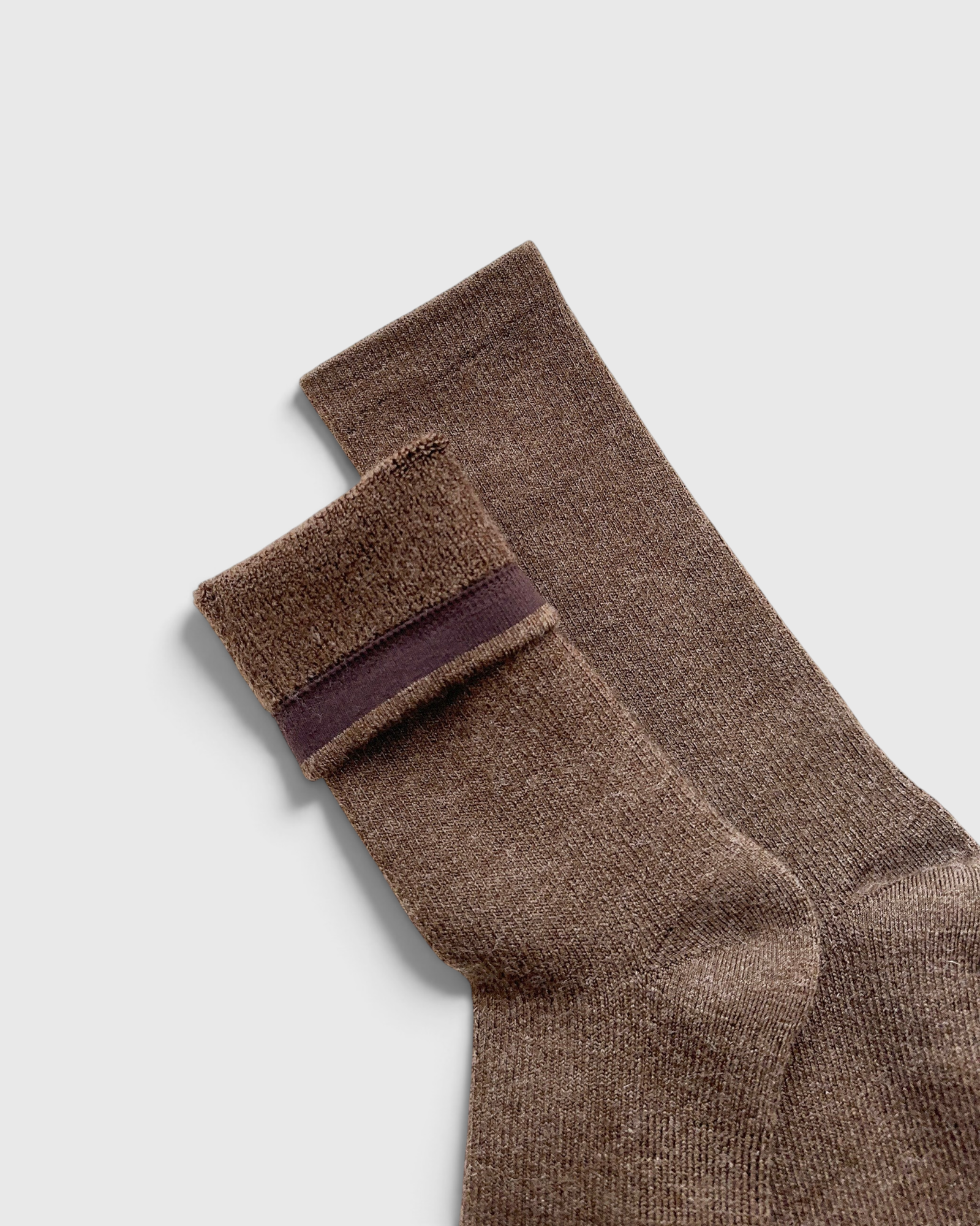 JONES + CO Le Bon Shoppe Camper Socks in Wood brown, a Merino wool blend crew sock with a cushioned footbed.