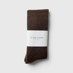 JONES + CO Le Bon Shoppe Camper Socks in Wood brown Merino wool blend, worn with boots.