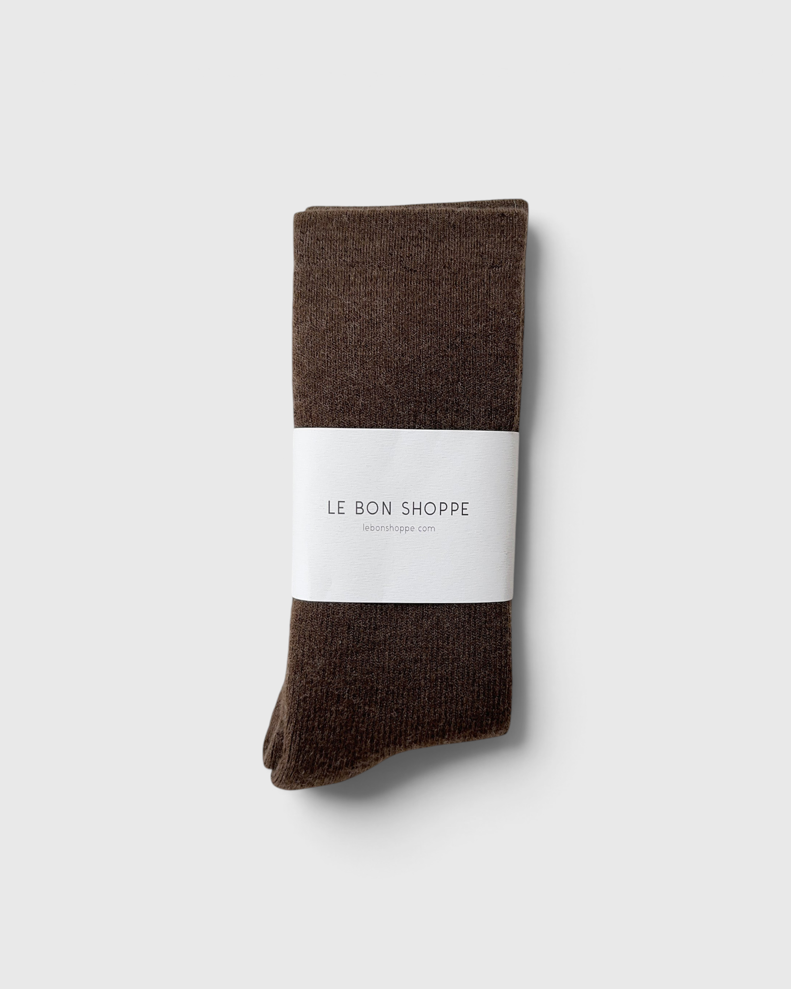 JONES + CO Le Bon Shoppe Camper Socks in Wood brown Merino wool blend, worn with boots.
