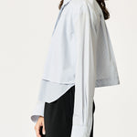 SECULAR Collins Shirt in Blue Stripe, side detail of layered front panel and curved shirttail