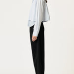 SECULAR Collins Shirt in Blue Stripe, full-length side view on model