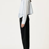 SECULAR Collins Shirt in Blue Stripe, full-length side view on model