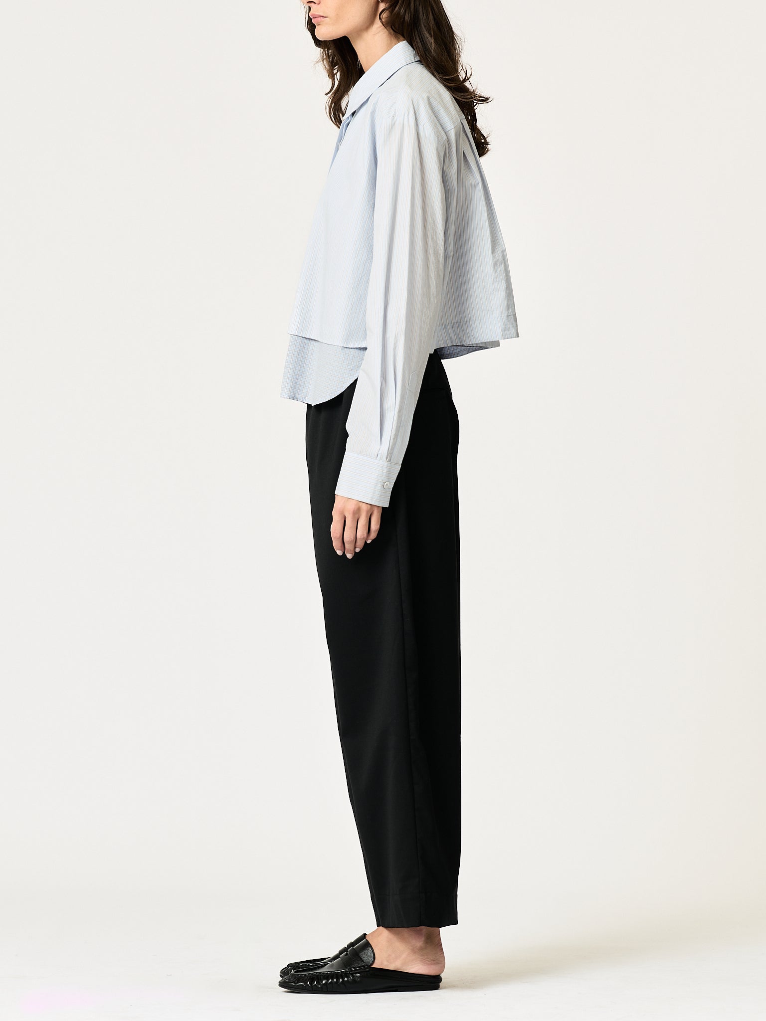 SECULAR Collins Shirt in Blue Stripe, full-length side view on model