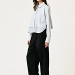 SECULAR Collins Shirt in Blue Stripe, front view on model with layered hem