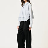 SECULAR Collins Shirt in Blue Stripe, front view on model with layered hem